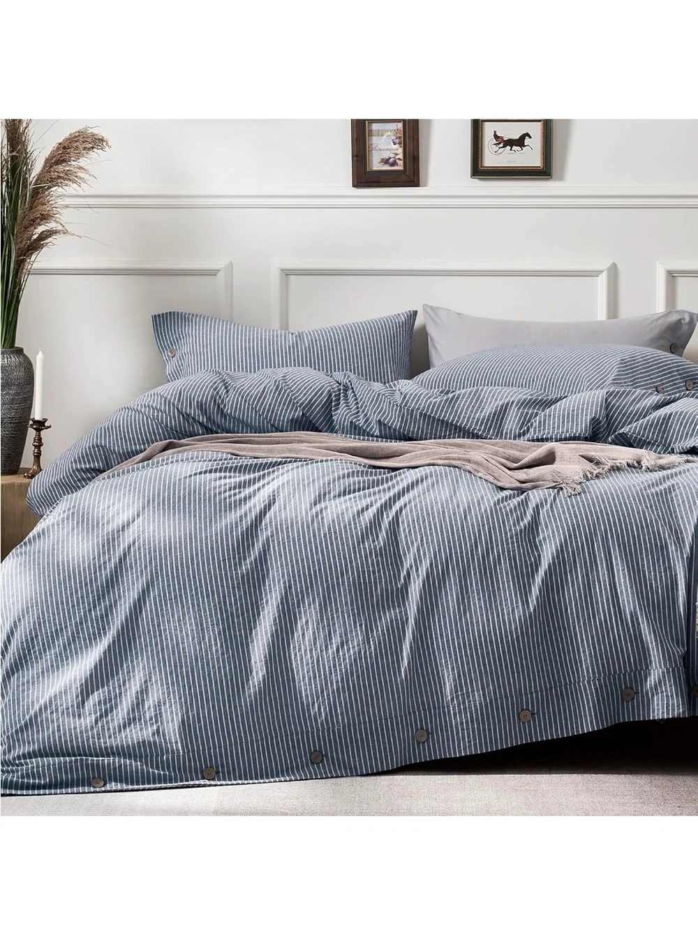 NEW JELLYMONI 100% Washed Cotton Duvet Cover Set - Blue Vertical Pinstripe KING